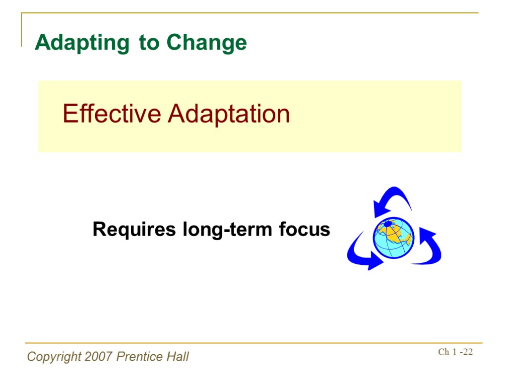 Copyright 2007 Prentice Hall Ch 1 -22 Effective Adaptation Adapting to Change Requires long-term